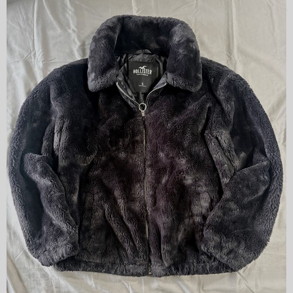 Hollister Faux Fur Bomber Jacket Grey Teddy Full Zip Coat Womens Small S
